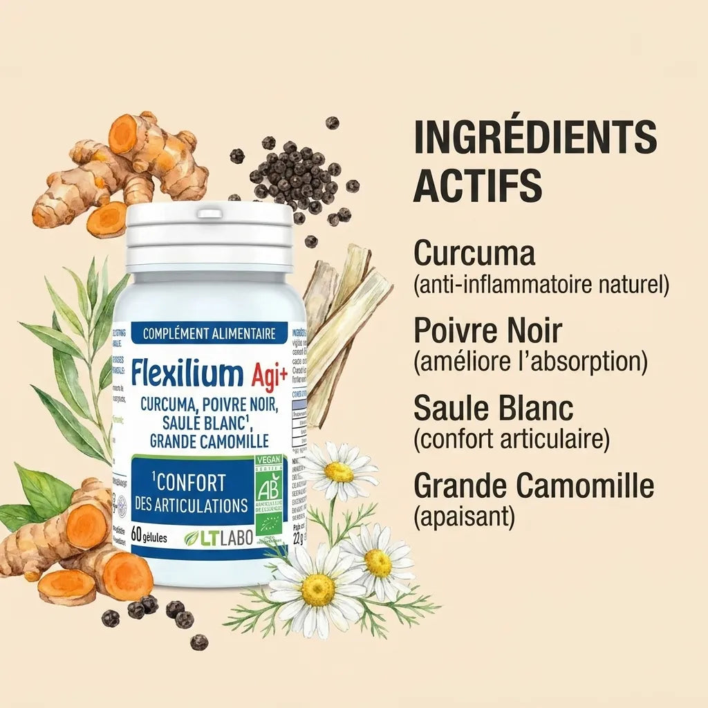 Flexilium Agi+ Bio en gélules avec ingrédients actifs: curcuma, poivre noir, saule blanc et camomille