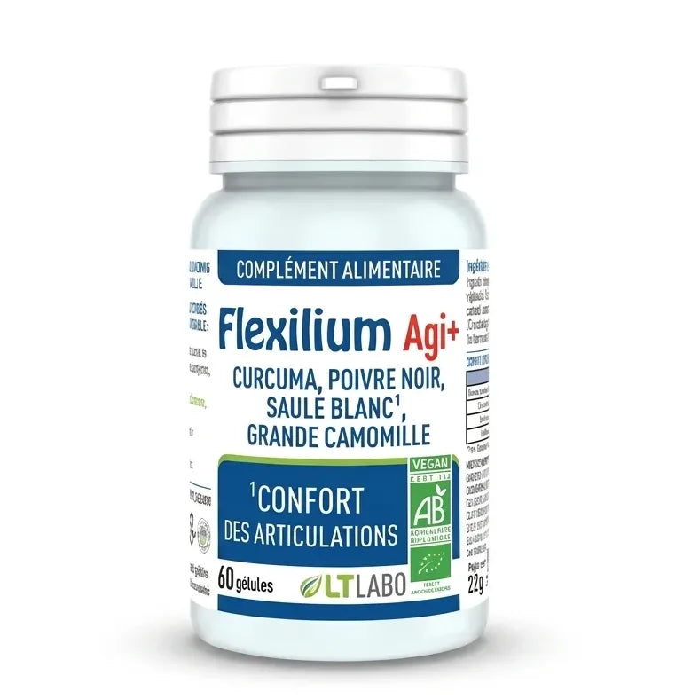 Flacon Flexilium Agi+ bio en gélules sur fond blanc, complément alimentaire articulaire