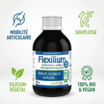 Flexilium buvable bio et vegan avec ses bénéfices : mobilité articulaire, souplesse et silicium végétal