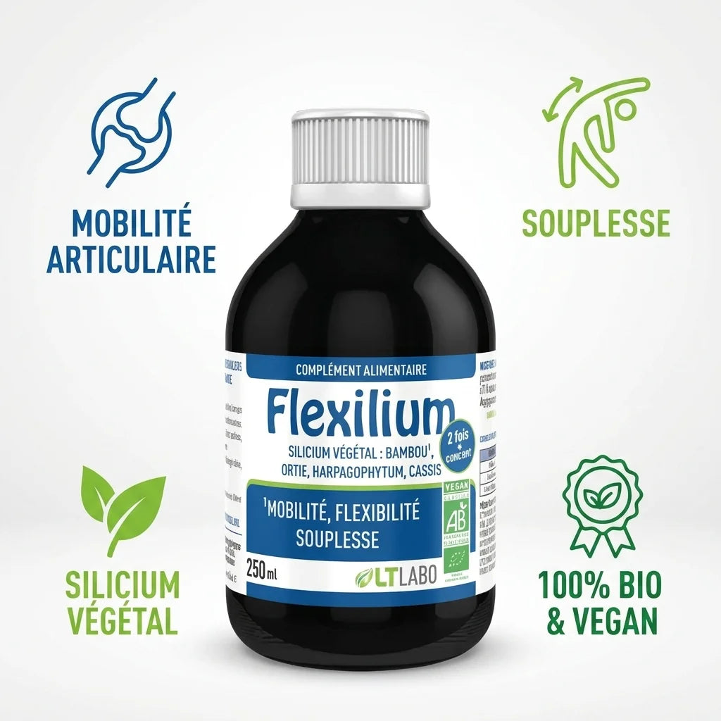 Flexilium buvable bio et vegan avec ses bénéfices : mobilité articulaire, souplesse et silicium végétal