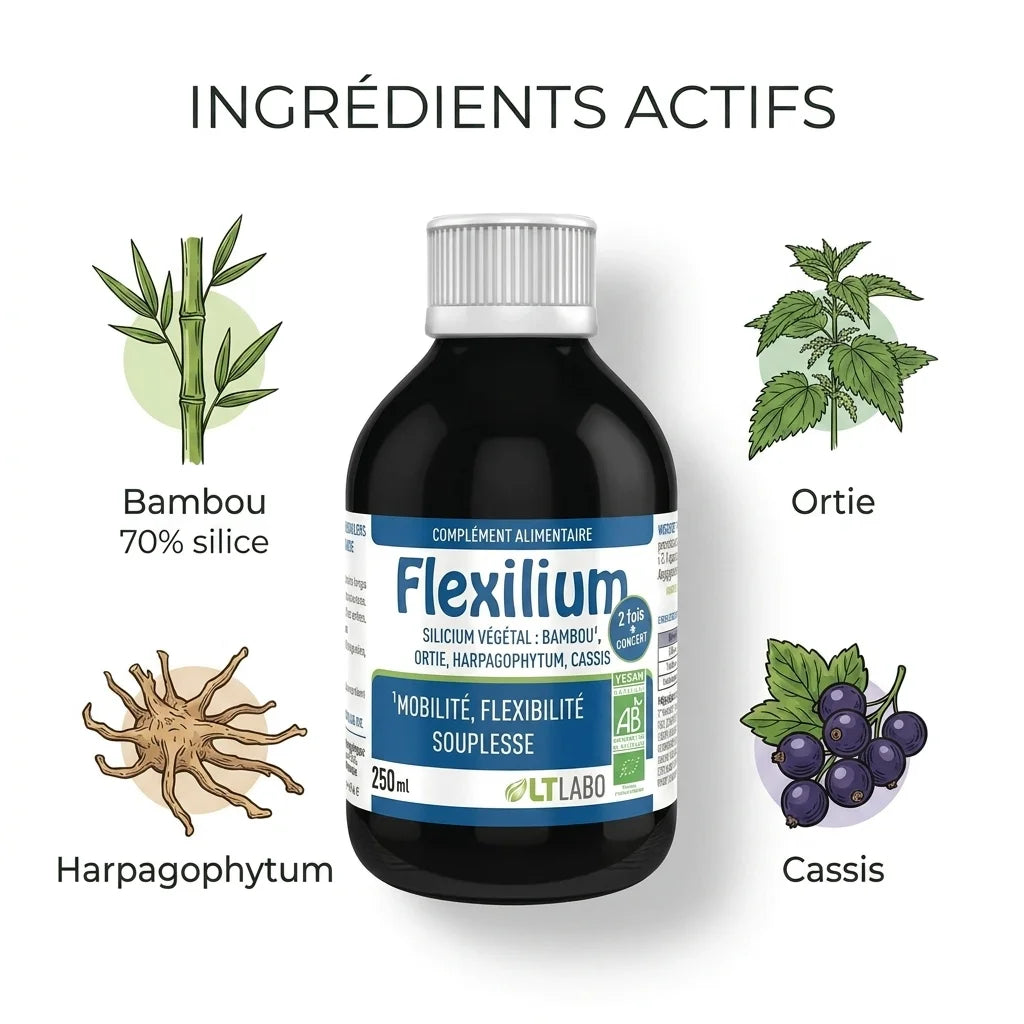 Flexilium bio vegan bouteille 250ml avec ingrédients bambou ortie harpagophytum cassis