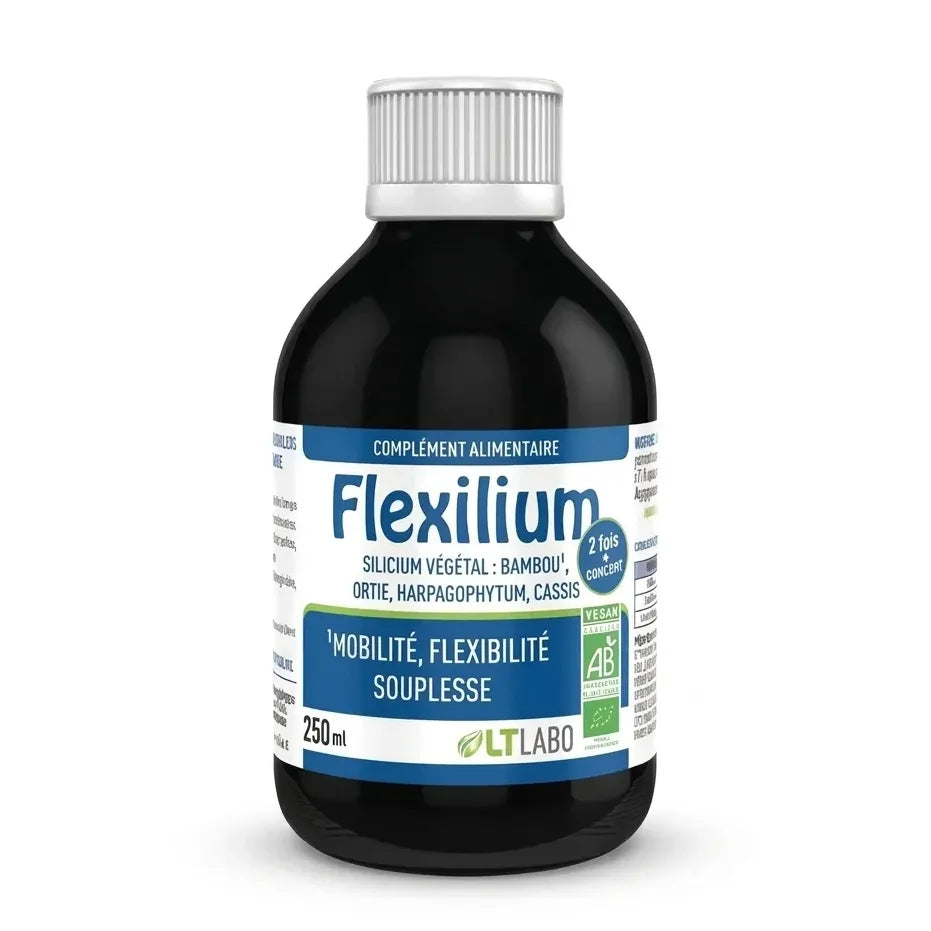 Flacon Flexilium buvable bio et vegan avec certification biologique sur fond blanc
