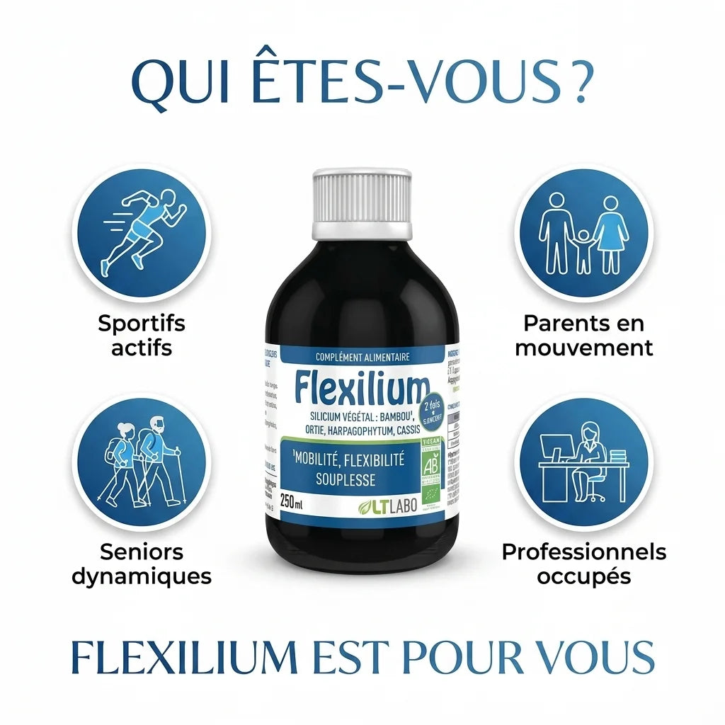 Flexilium buvable bio vegan avec icônes personas sportifs parents seniors professionnels