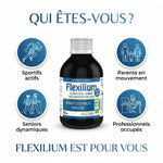 Flexilium buvable bio vegan avec icônes personas sportifs parents seniors professionnels