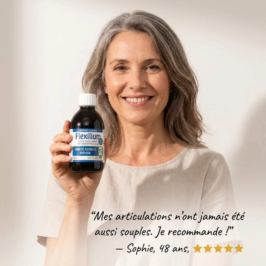 Femme tenant bouteille Flexilium bio vegan avec témoignage "articulations souples" 5 étoiles