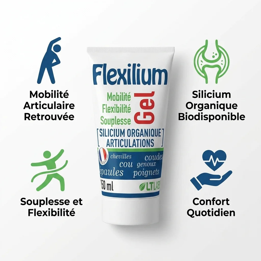 Flexilium Gel tube avec icônes de mobilité articulaire, flexibilité et confort sur fond blanc