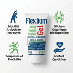 Flexilium Gel tube avec icônes de mobilité articulaire, flexibilité et confort sur fond blanc