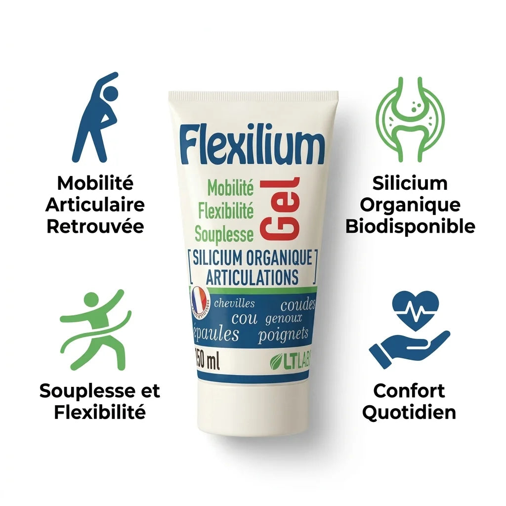 Tube Flexilium Gel silicium organique articulations sur fond blanc