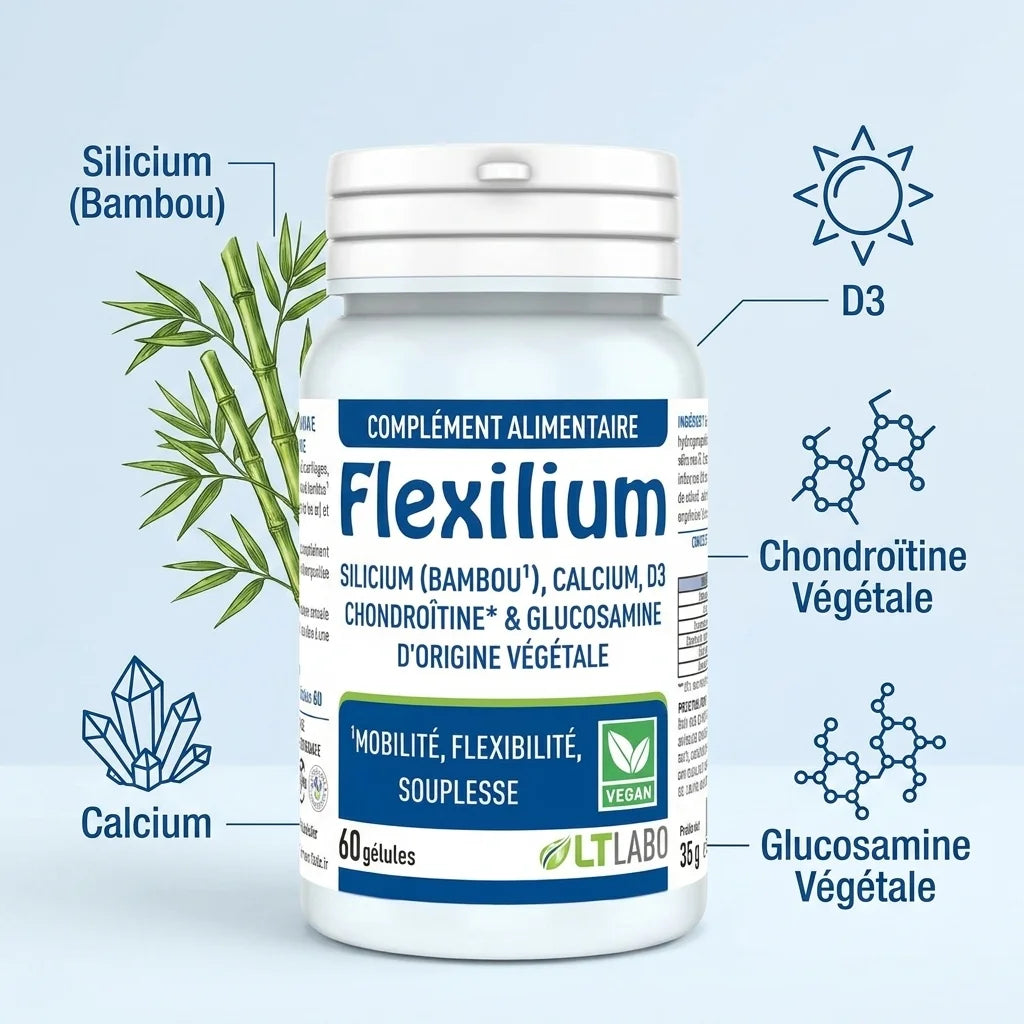 Flexilium Vegan gélules avec ingrédients : silicium bambou, calcium, D3, chondroïtine et glucosamine végétale