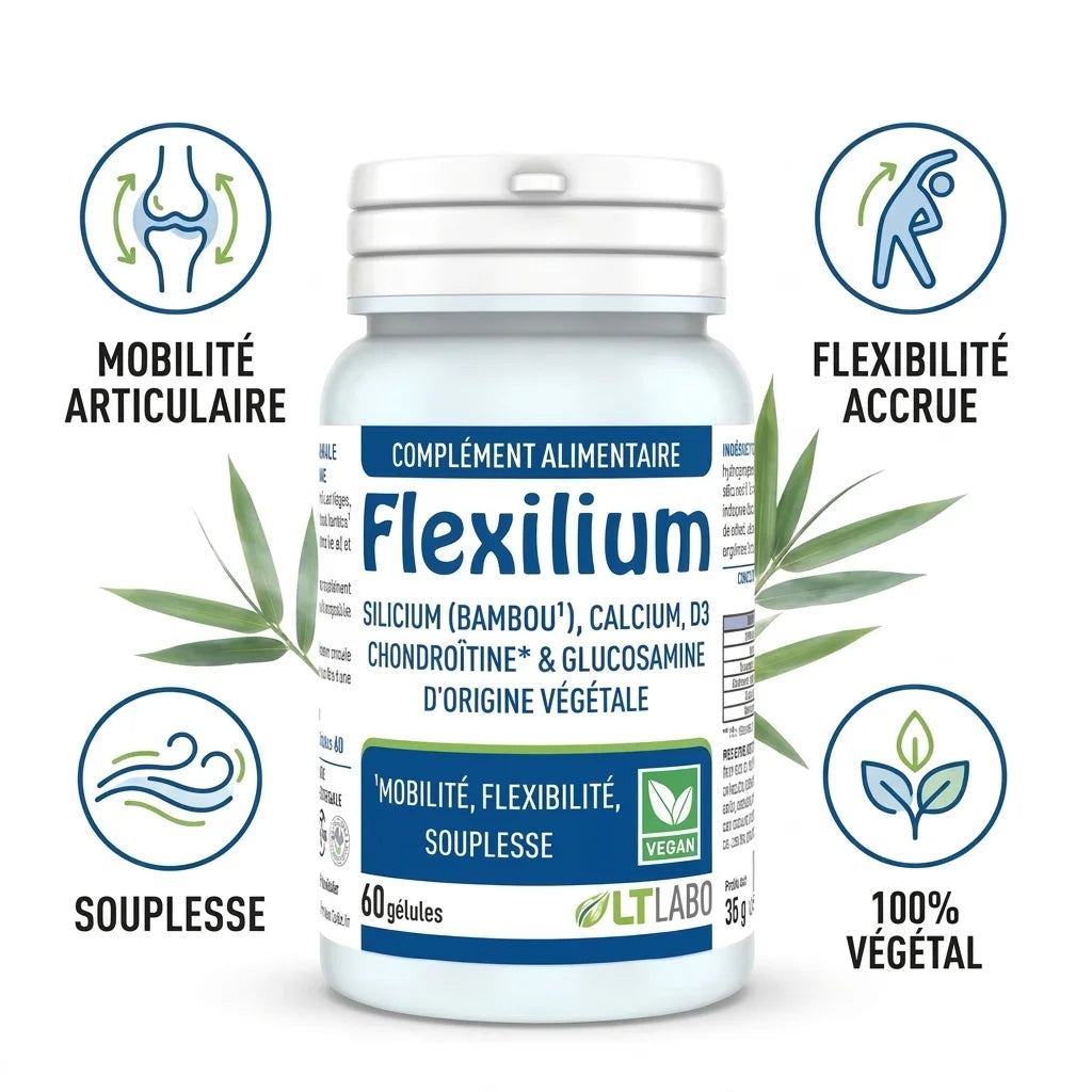 Flexilium Vegan en gélules - Flacon blanc et bleu de complément alimentaire