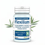 Flexilium Vegan en gélules - Flacon blanc et bleu sur fond blanc