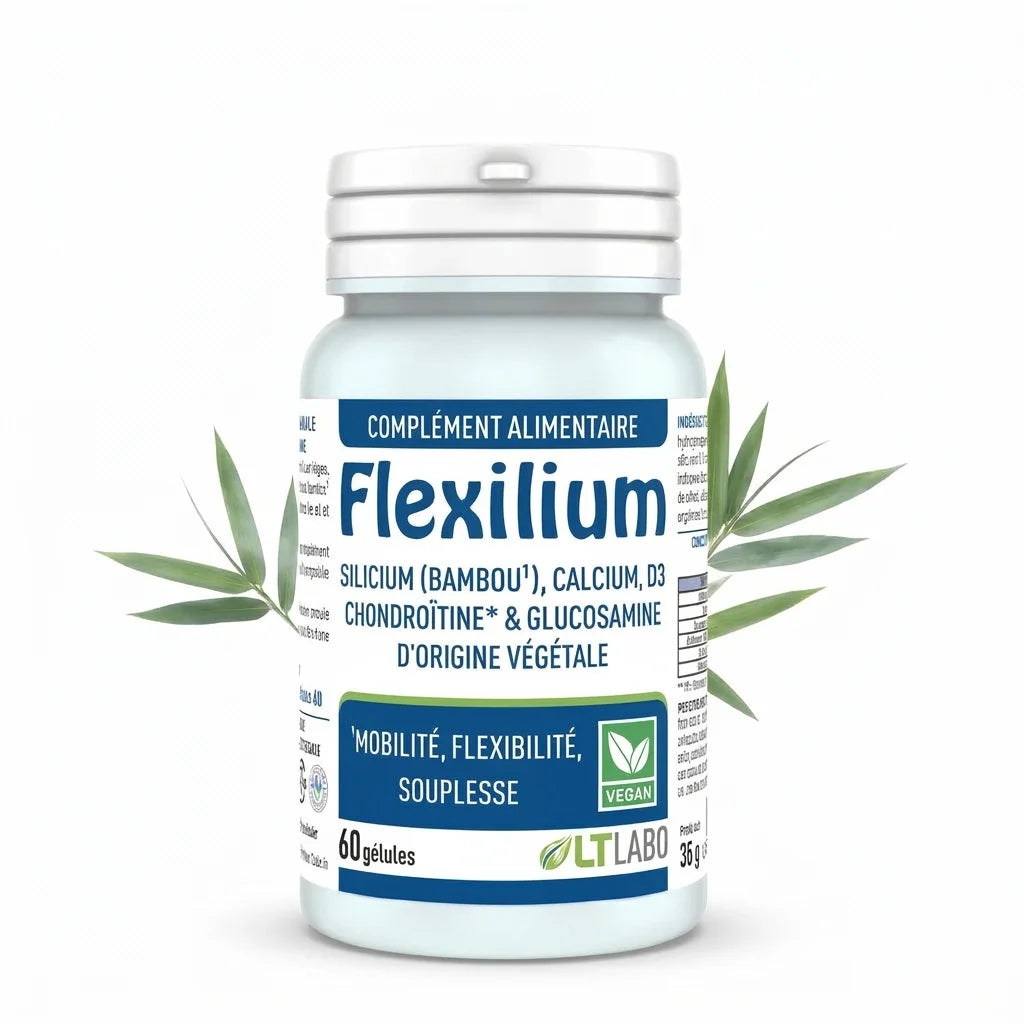 Flexilium Vegan en gélules - Flacon blanc et bleu sur fond blanc