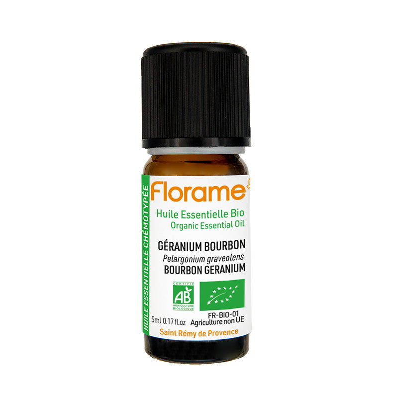 Huile essentielle bio de géranium bourbon de 5 ml de Florame.