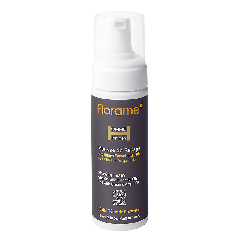 Mousse de rasage certifiée bio dans un flacon pompe de 150 ml de la marque Florame.