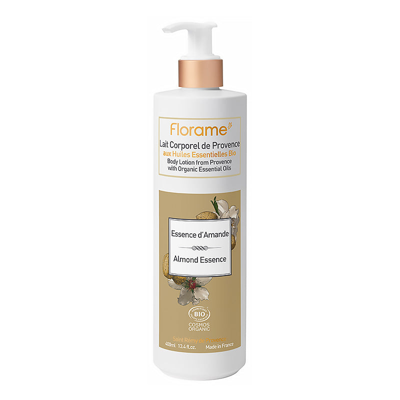 Lait corporel de Provence certifié bio Essence d'Amande dans un flacon de 400 ml de la marque Florame.