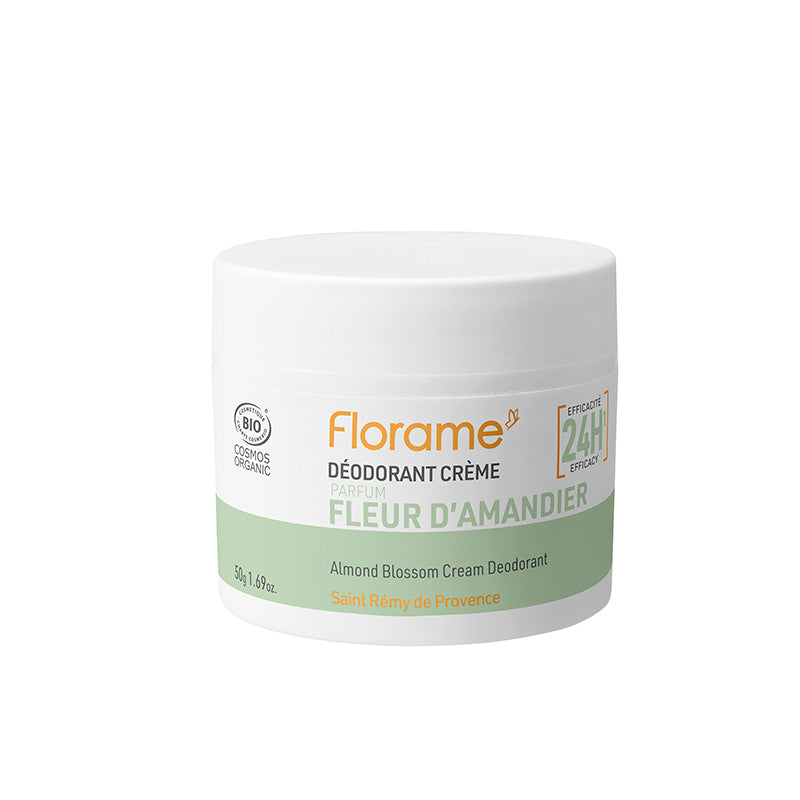 Déodorant crème certifié bio parfun Fleur d'Amandier dans un pot de 50 g de la marque Florame.