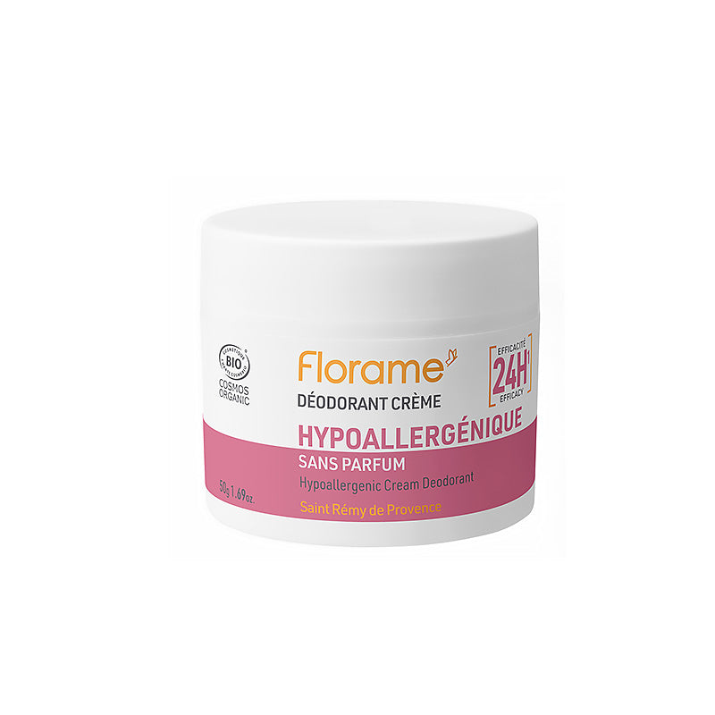 Déodorant crème hypoallergénique certifié bio dans un pot de 50 g de la marque Florame.