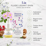 Fluide lissant Lia certifié bio avec ses 5 bénéfices : hydratation, regard, lèvres, légèreté, naturel