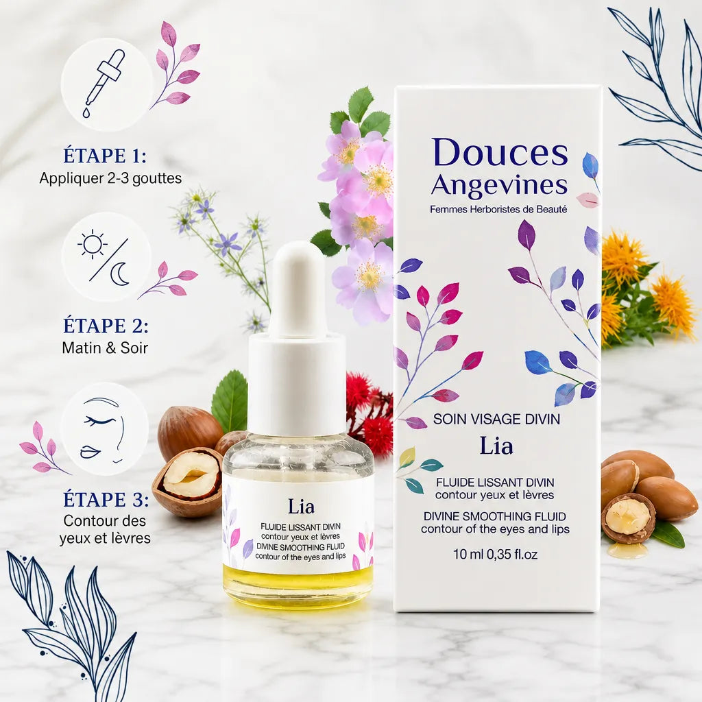 Fluide lissant Lia bio Douces Angevines avec flacon, mode d'emploi et ingrédients naturels