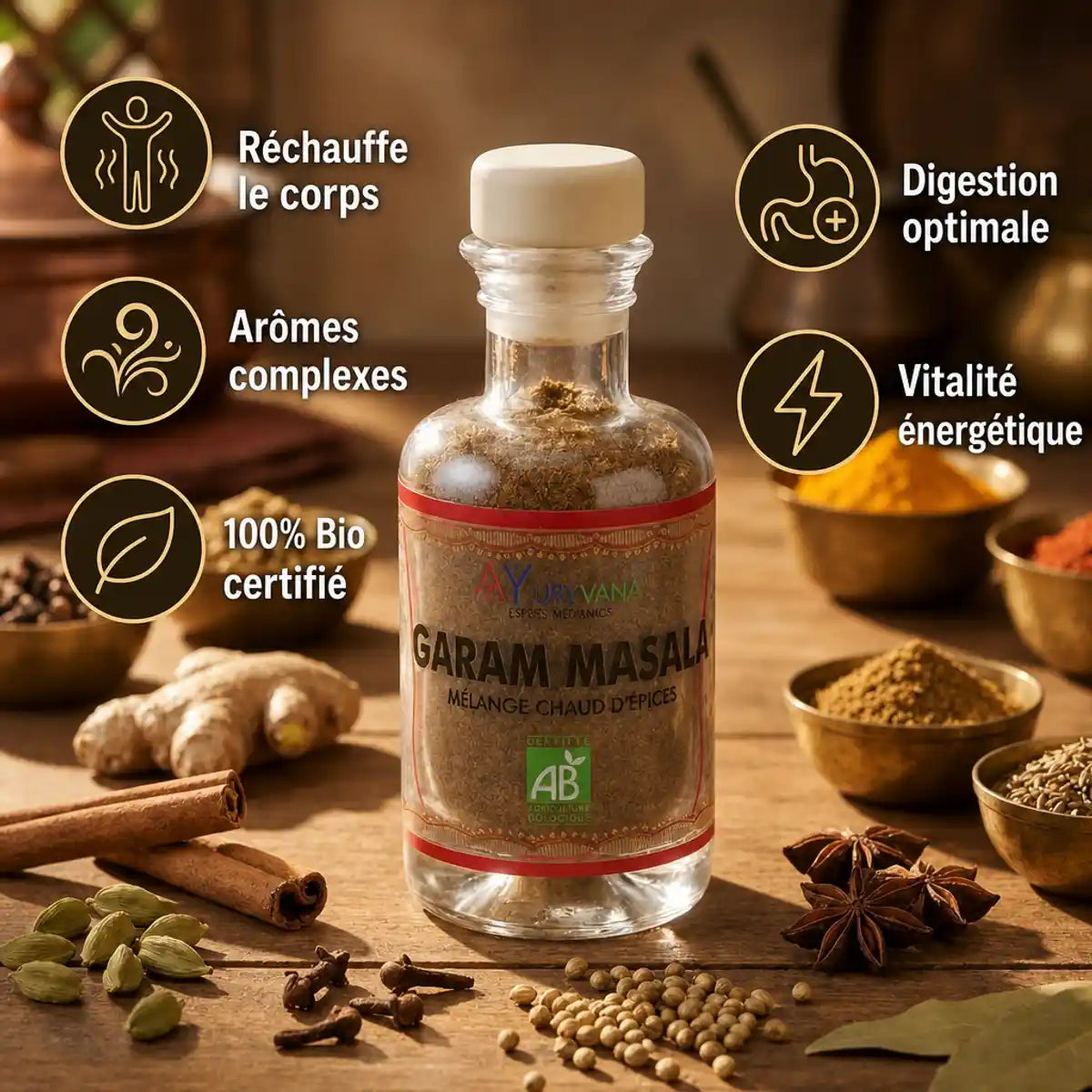 Garam Masala bio Ayurvana en bouteille avec bénéfices santé et épices traditionnelles