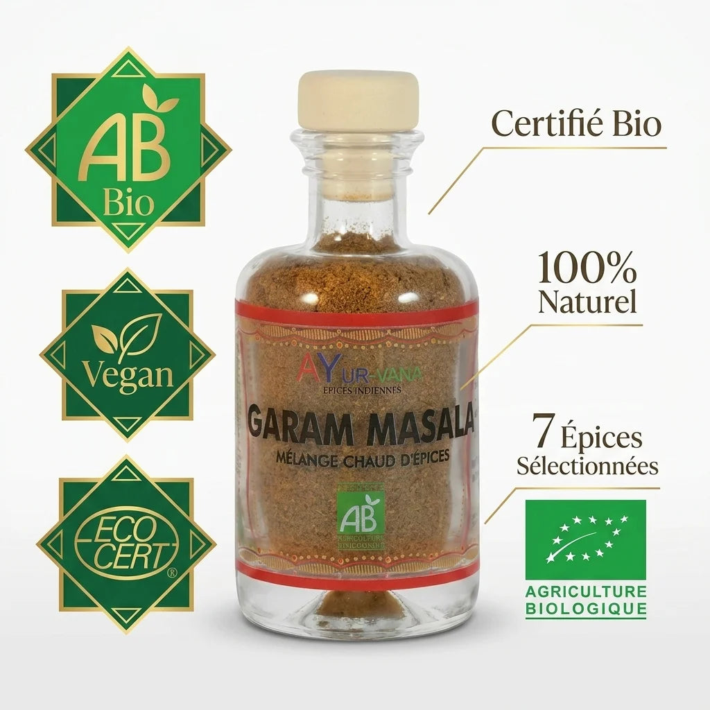 Garam Masala bio Ayurvana certifié AB, 7 épices naturelles sélectionnées en pot verre