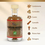 Garam Masala bio Ayurvana avec infographie des 7 épices : cardamome, coriandre, cumin, cannelle, girofle, poivre noir, fenugrec