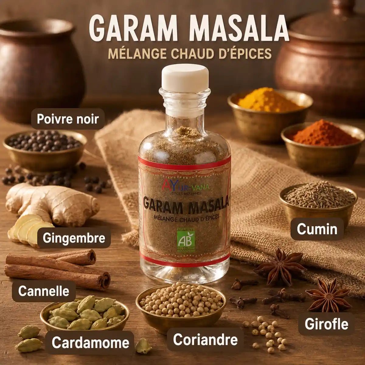 Garam Masala bio Ayurvana avec ingrédients naturels : cardamome, cumin, cannelle et épices