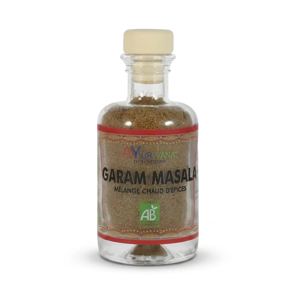 Garam Masala bio Ayurvana en pot verre avec étiquette rouge, épices organiques de qualité