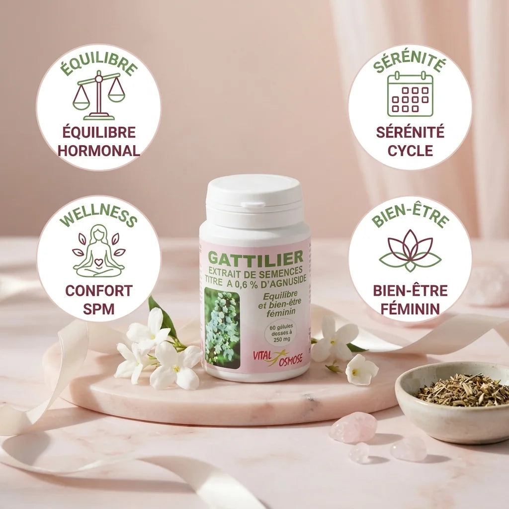 Gattilier 250mg en gélules avec bénéfices : équilibre hormonal, sérénité cycle, confort SPM