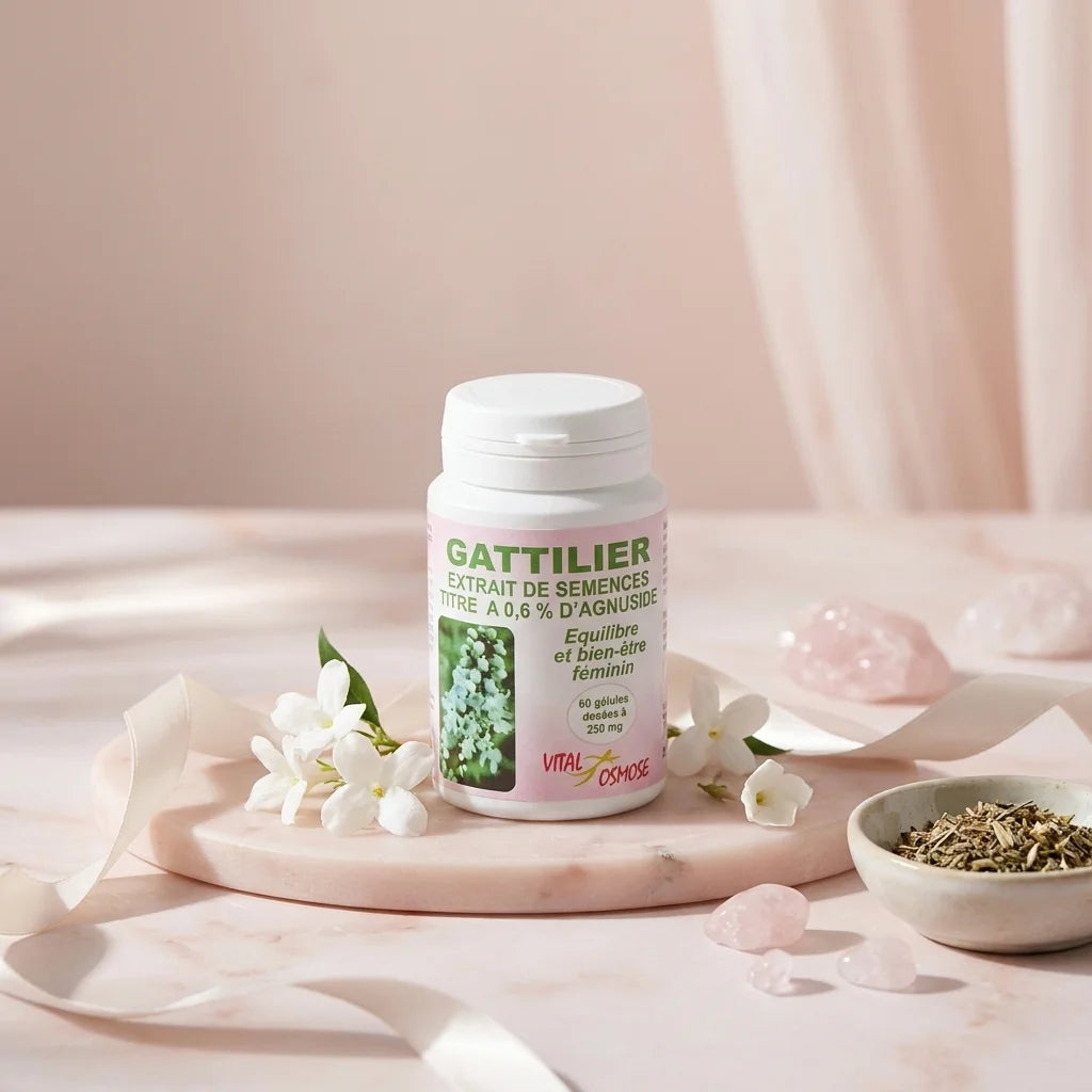 Gattilier 250mg en gélules avec fleurs blanches sur fond wellness minimaliste