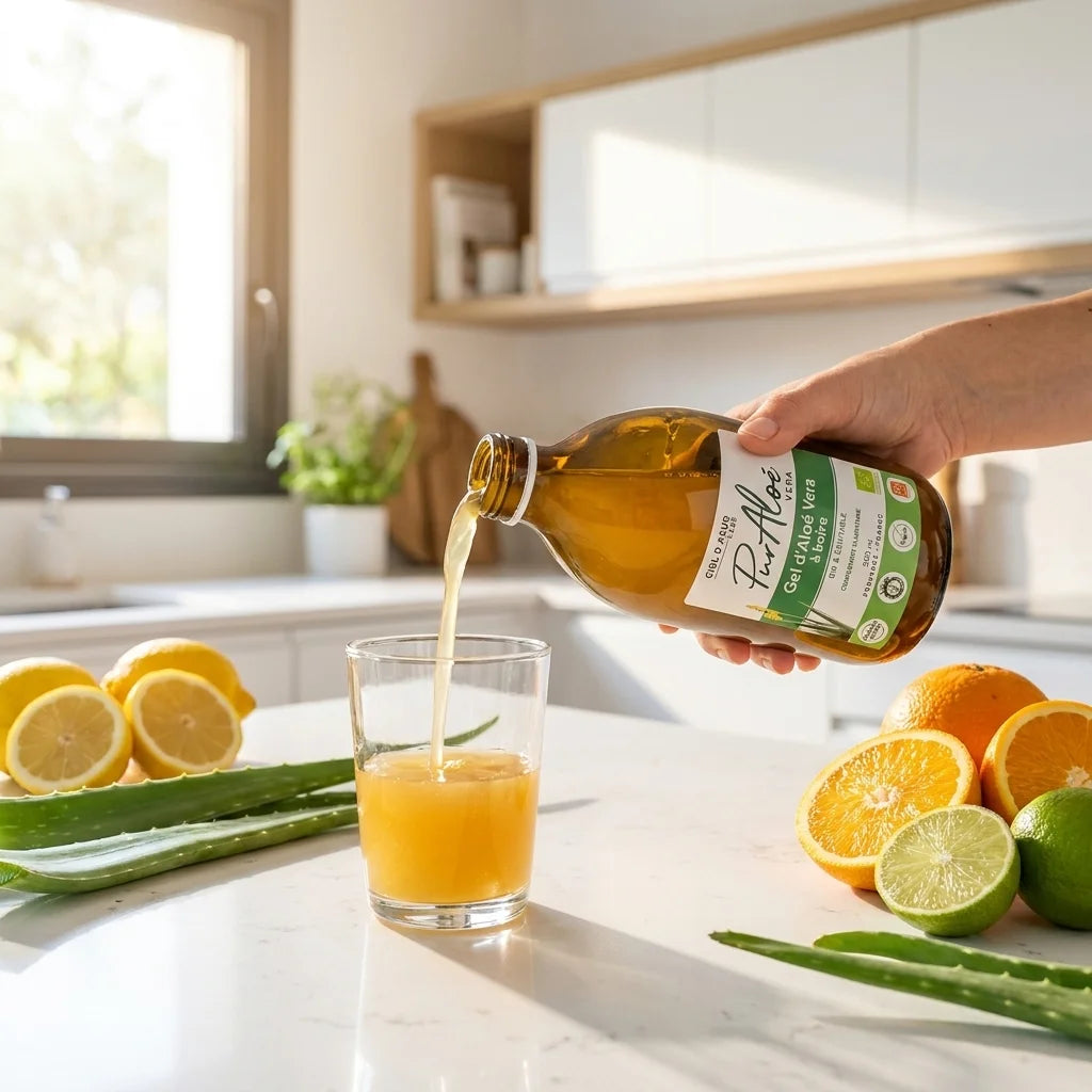Gel à boire bio Pur Aloé versé dans un verre avec fruits frais et feuilles d'aloe vera