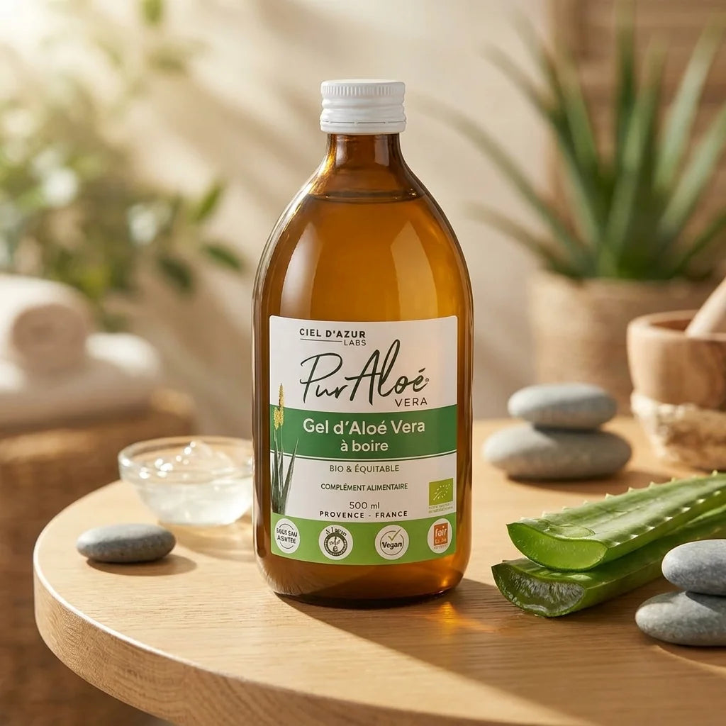 Gel bio Pur Aloé 500ml en flacon verre avec feuilles d'aloé frais et éléments spa naturels