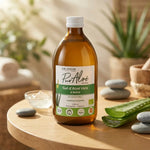 Gel bio Pur Aloé 500ml en flacon verre avec feuilles d'aloé frais et éléments spa naturels