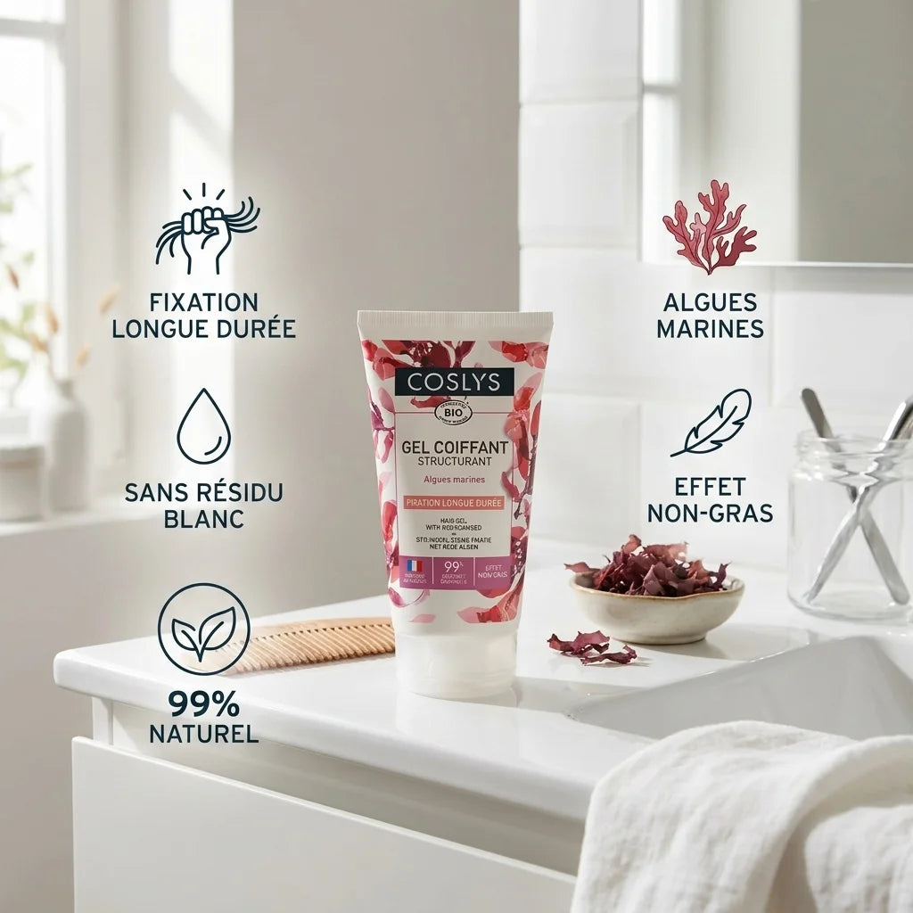 Gel coiffant structurant Coslys bio avec bénéfices : fixation longue durée, sans résidu blanc, 99% naturel