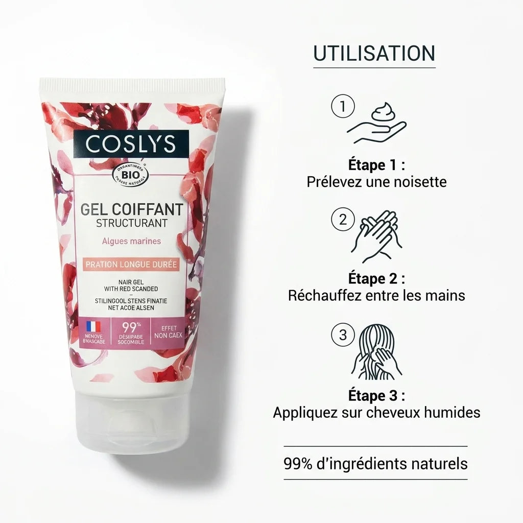 Gel coiffant structurant bio Coslys avec étapes d'application sur cheveux