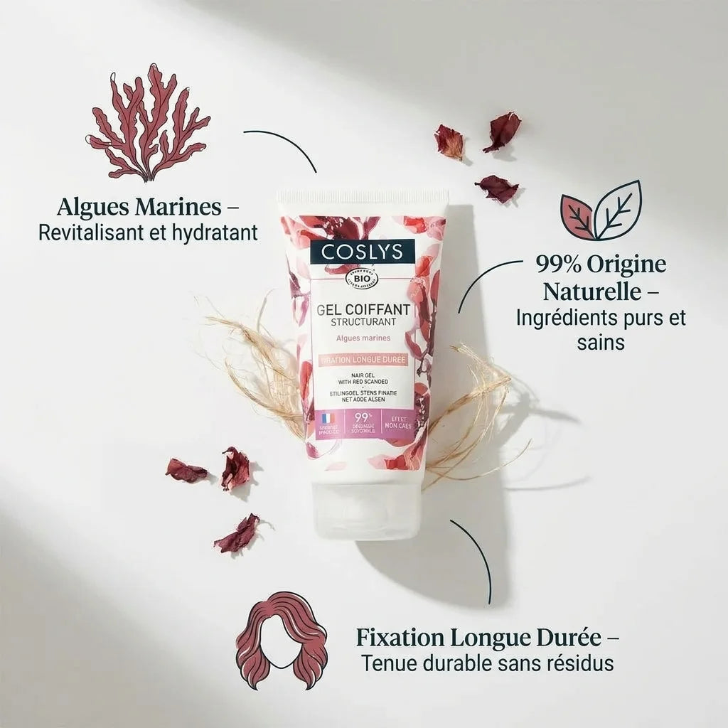 Gel coiffant structurant bio Coslys - Algues marines, 99% naturel, fixation longue durée