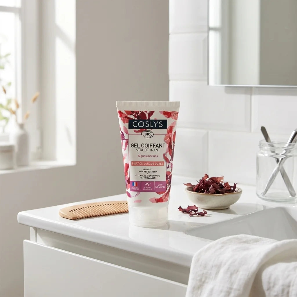 Gel coiffant structurant bio Coslys sur meuble salle de bain avec accessoires de toilette