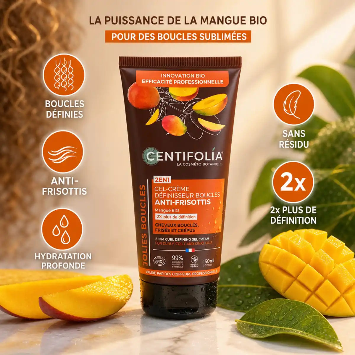 Gel crème définisseur boucles Centifolia 2en1 avec bénéfices : définition, anti-frisottis, hydratation