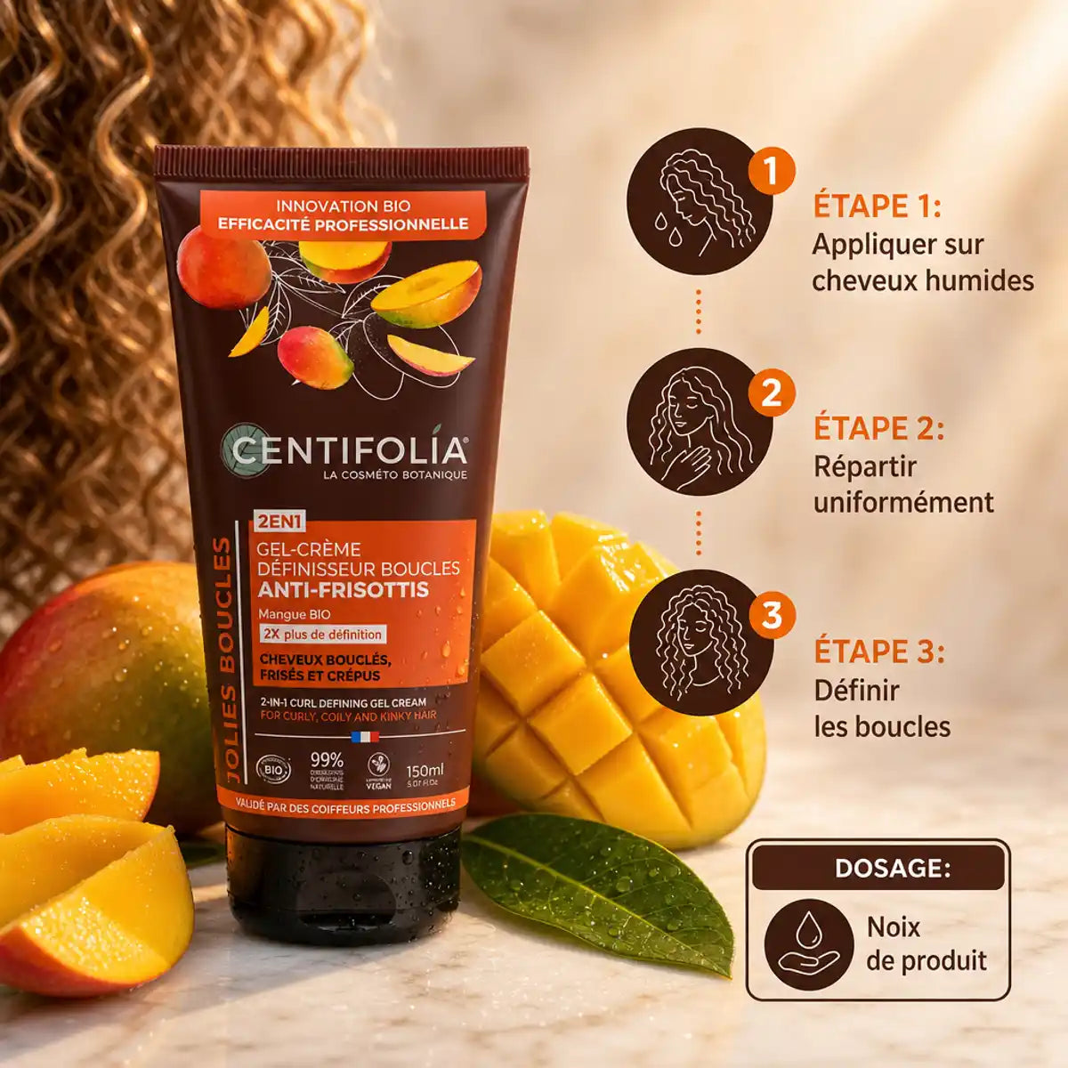 Gel Crème Définisseur Boucles Centifolia 2en1 avec guide application étapes et dosage