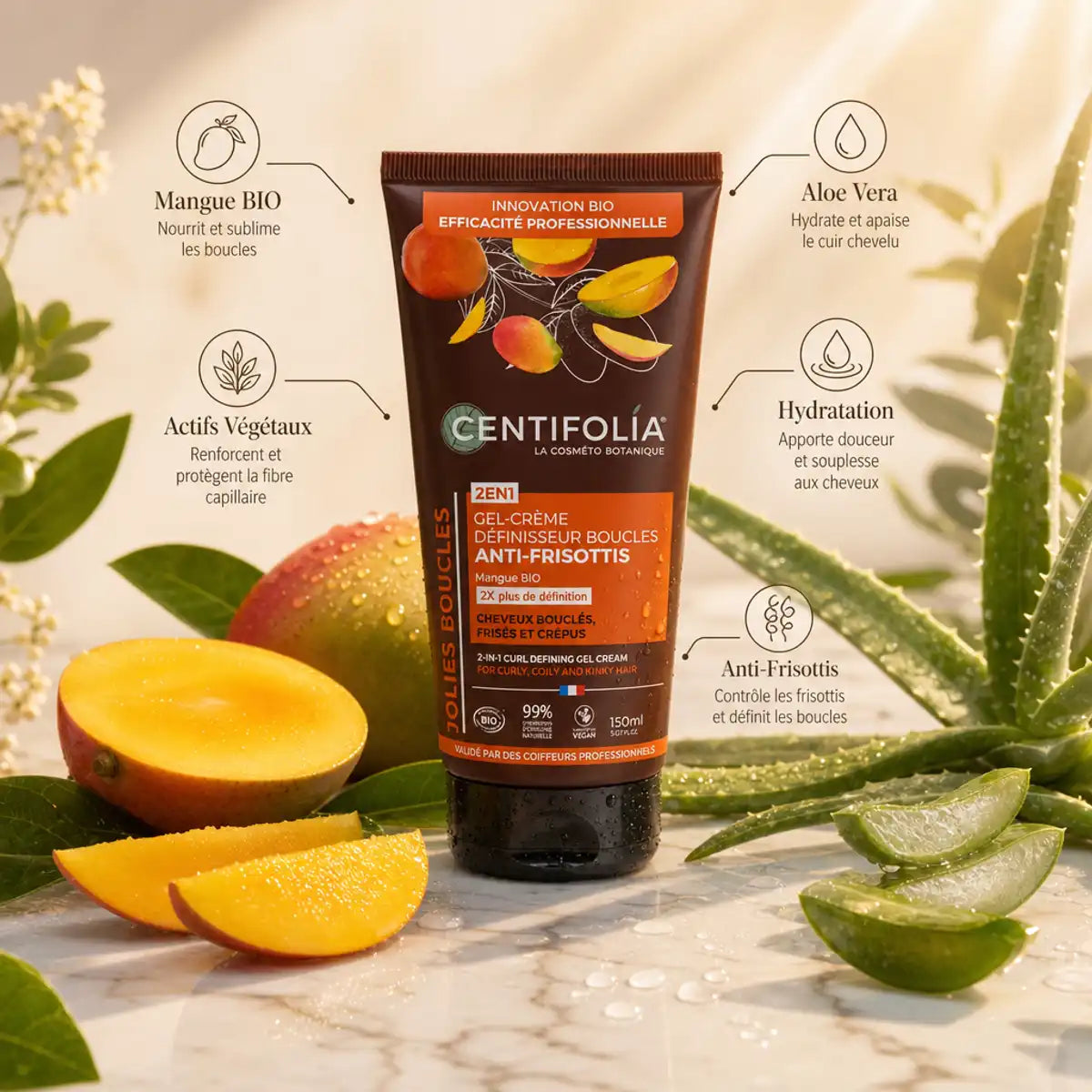 Gel crème définisseur boucles Centifolia 2en1 avec ingrédients bio mangue et aloe vera