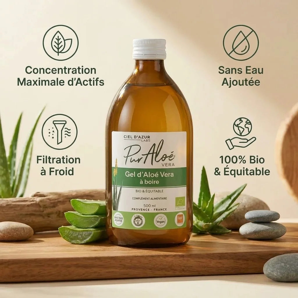 Gel d'Aloé Vera bio à boire 500ml Pur Aloé avec bénéfices - concentration maximale, sans eau ajoutée