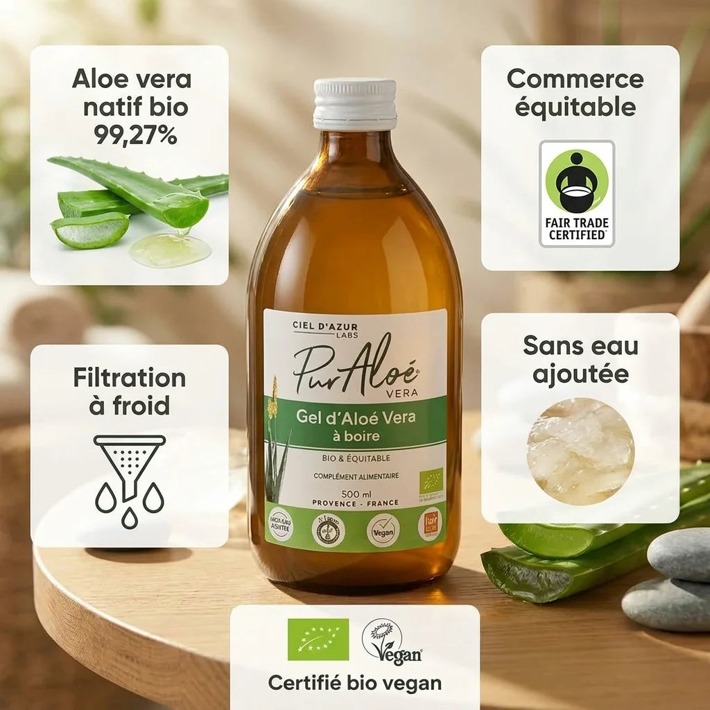 Gel d'Aloé Vera bio 500ml Pur Aloé avec certification équitable et ingrédients naturels