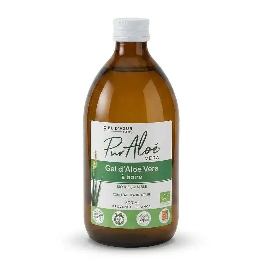 Bouteille 500ml gel aloé vera bio Pur Aloé à boire, fond blanc, étiquette verte