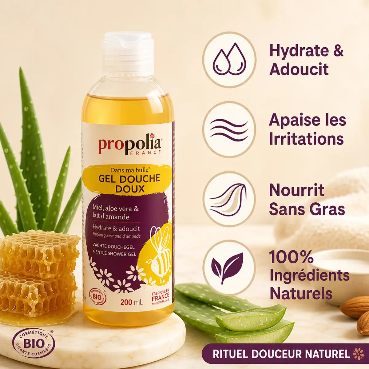Gel douche bio Propolia miel et aloe vera avec ses bénéfices : hydratant, apaisant, nourrit sans gras