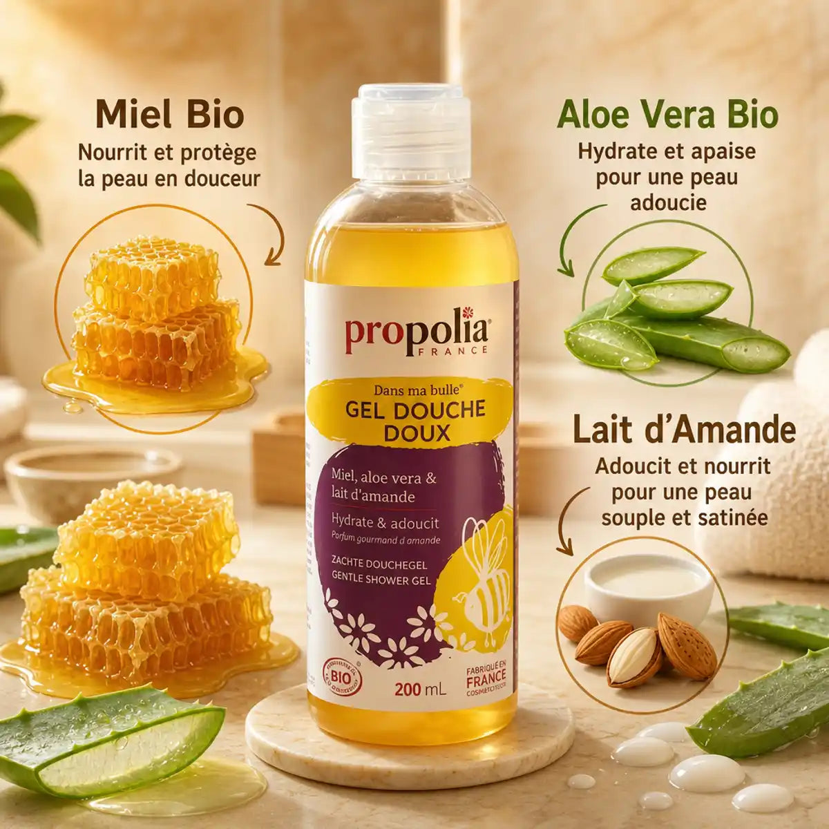 Gel douche Bio Propolia Miel, Aloe Vera, Lait d'Amande avec ingrédients naturels