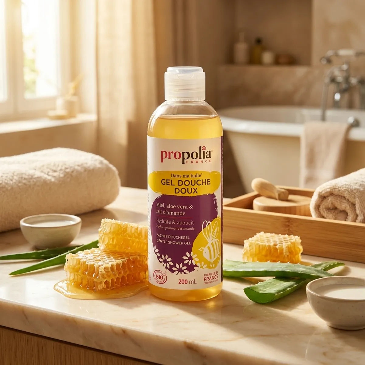Gel douche Bio Miel Aloe Vera Lait d'Amande Propolia dans salle de bain spa luxe