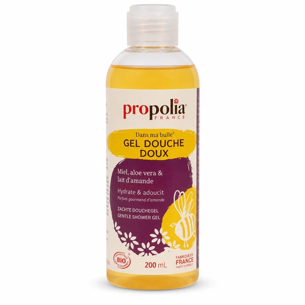 Gel douche doux bio Propolia miel, aloe vera et lait d'amande sur fond blanc
