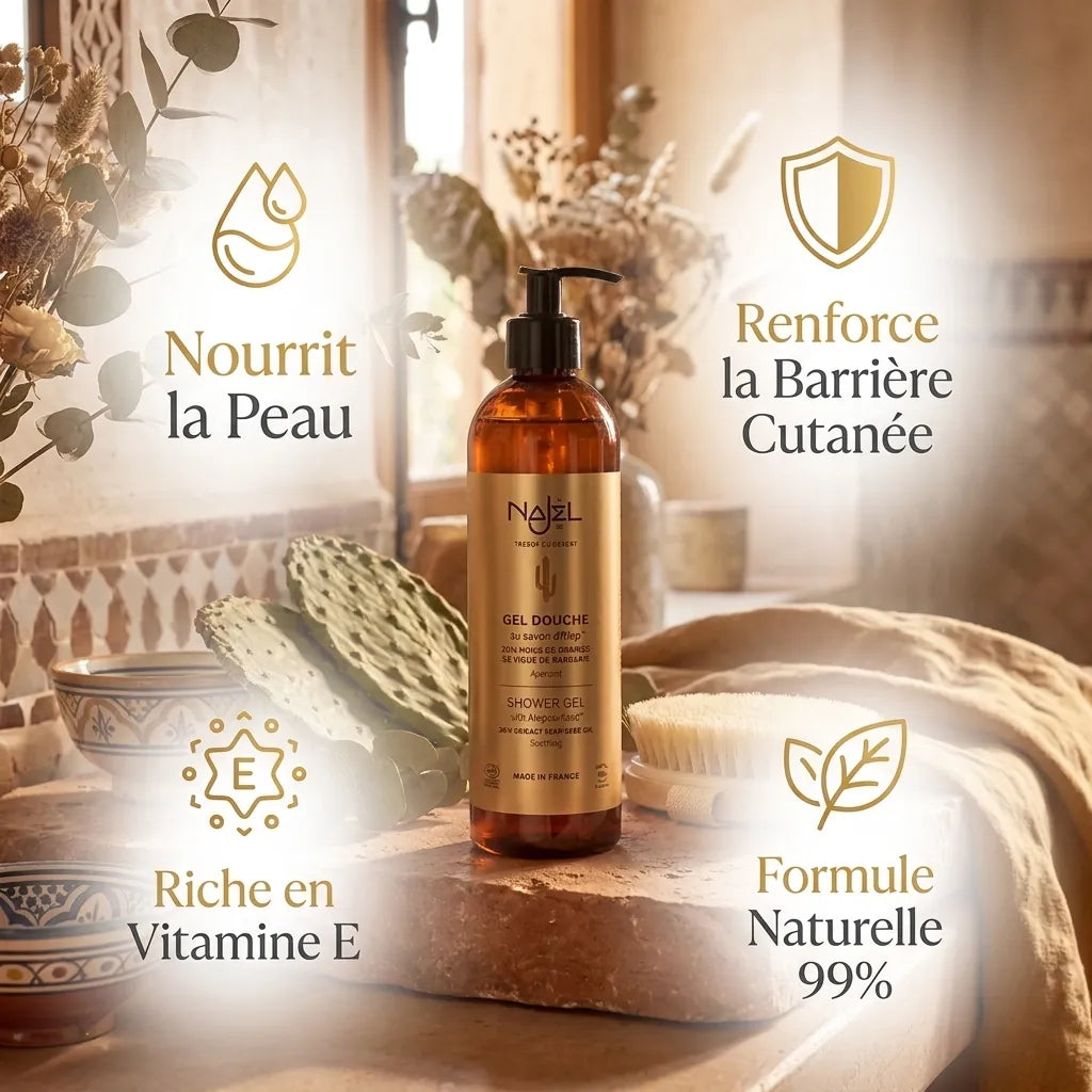 Gel douche Najel huile de figues de Barbarie - bouteille ambrée avec bénéfices peau naturels