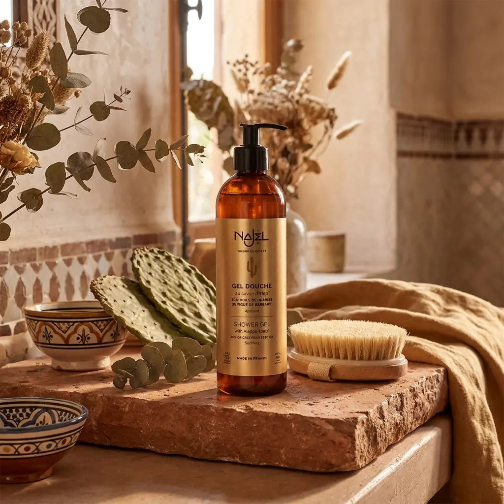 Gel douche Najel à l'huile de figues de Barbarie sur vanité spa avec décor Maroc