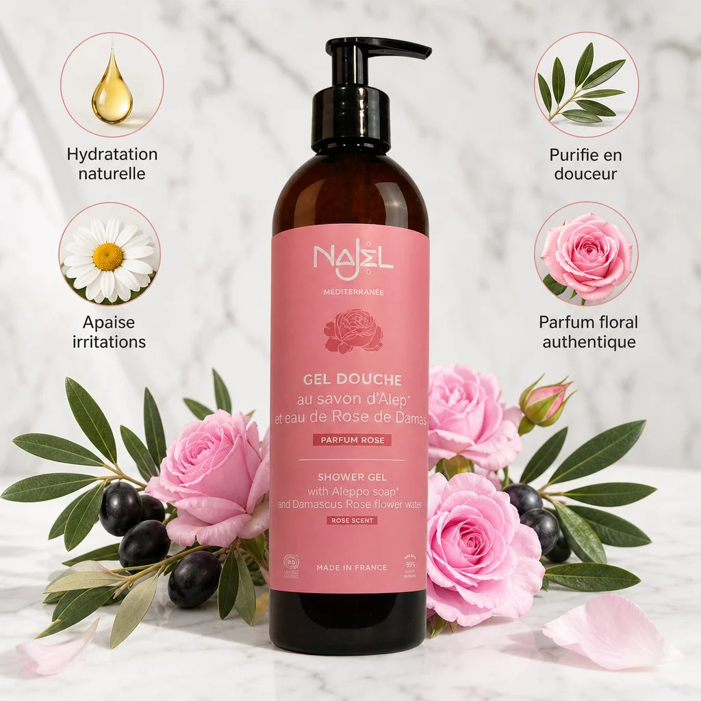 Gel douche Najel rose savon d'Alep bio en flacon verre avec bénéfices hydratants naturels